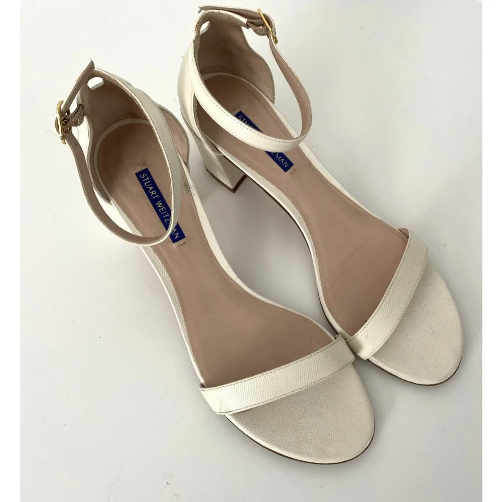 Stuart Weitzman Nearlynude Simple Sandal Open Toe Block Heel Off White Textur 10